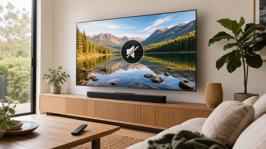 Television showing a clear picture with no sound in a modern Australian living room