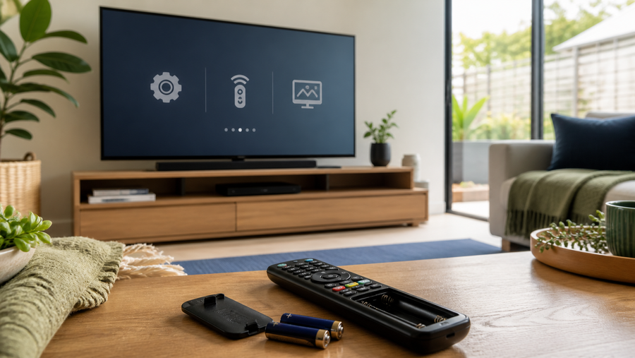 TV remote with battery cover removed and fresh batteries in front of a television