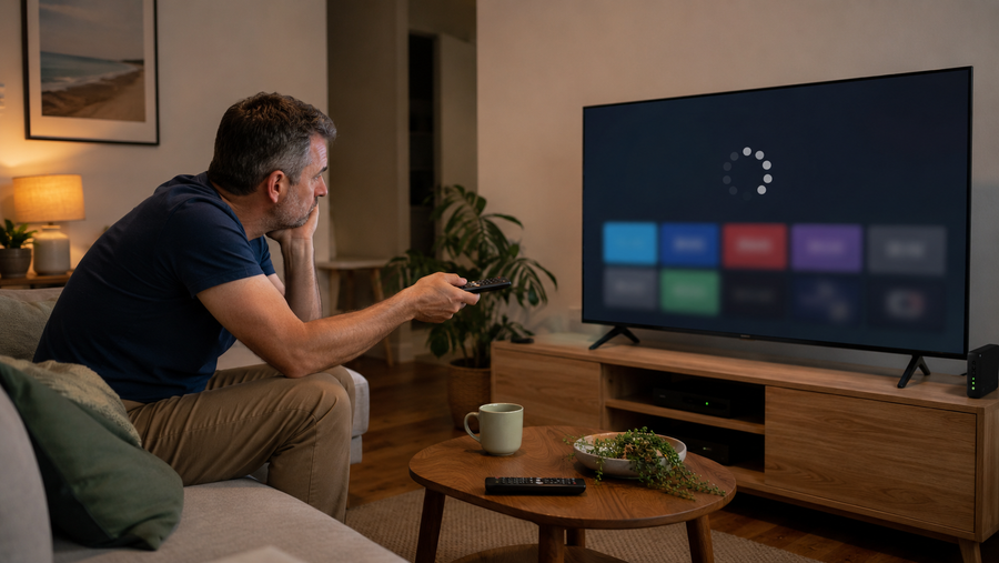 Viewer troubleshooting a slow smart television displaying a loading symbol