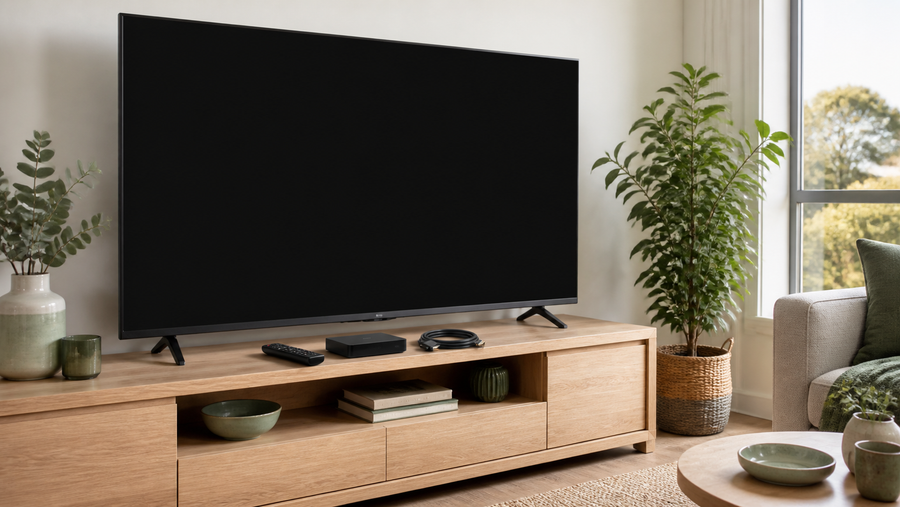 Black-screen television with remote, set-top box and HDMI cable in a modern living room