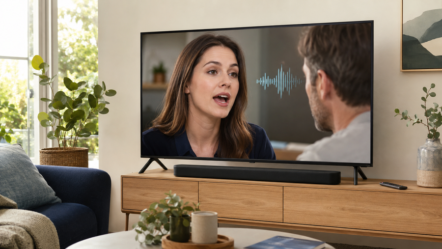 Television and soundbar demonstrating an audio lip-sync delay