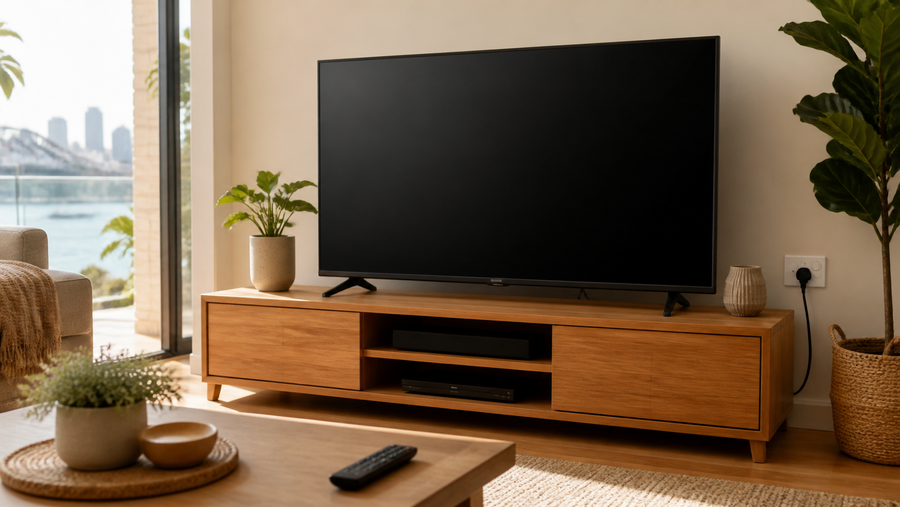 Flat-screen TV that will not turn on in a modern Australian living room, with its remote and power connection nearby