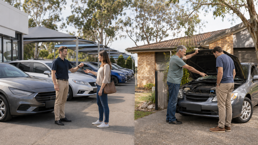 Australian used-car buyer comparing a dealership purchase with a private driveway inspection
