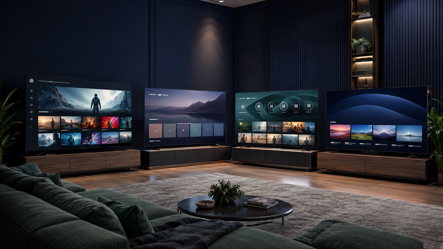 Four televisions comparing different modern smart TV operating systems