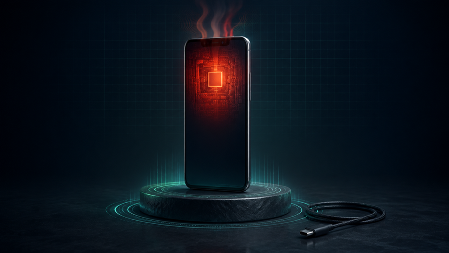 Generic smartphone glowing with excessive heat beside a disconnected charging cable
