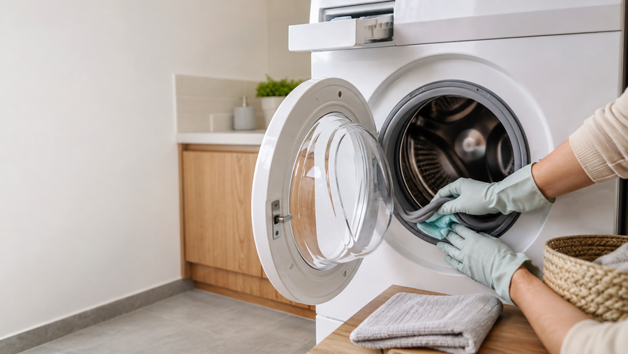 Gloved hands cleaning the rubber door seal of a front-loading washing machine in a bright home laundry.
