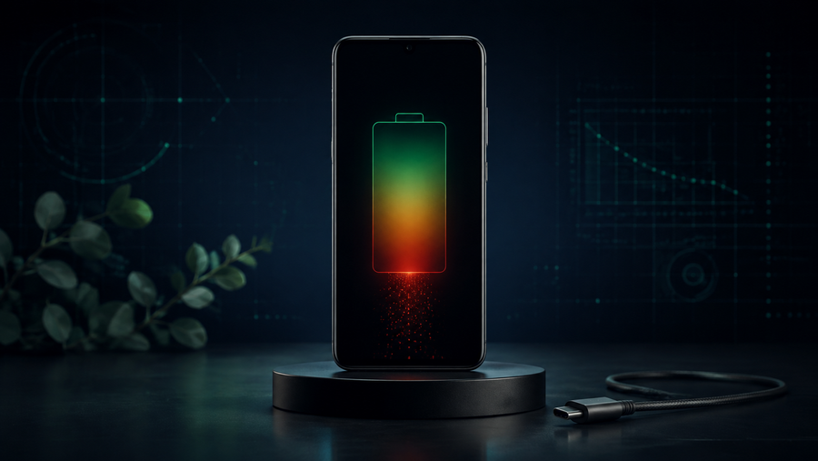 Generic smartphone showing a rapidly draining battery beside a disconnected charging cable