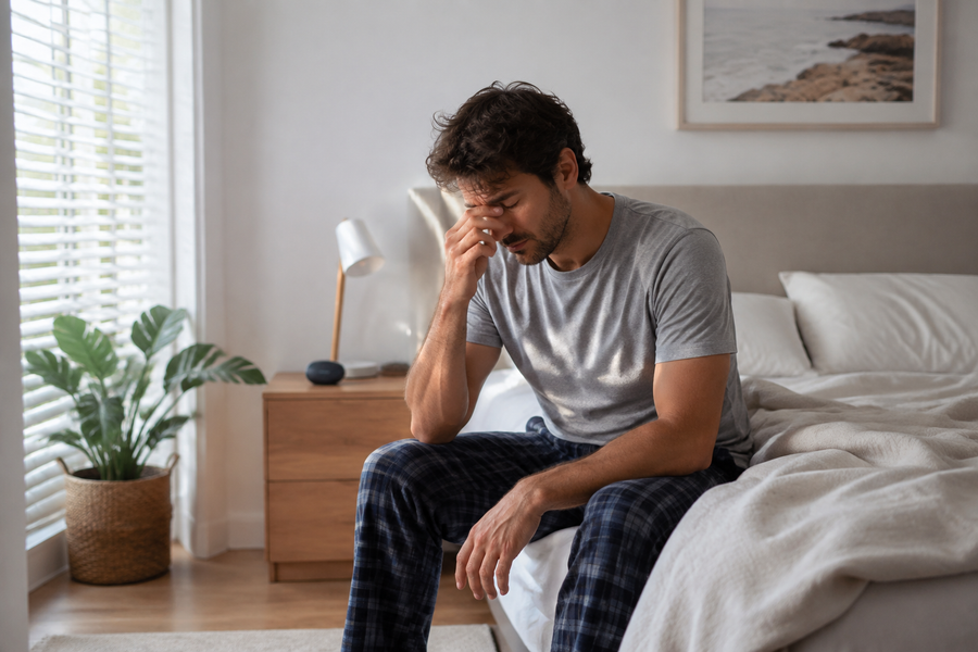 Tired man sitting on the edge of his bed after a full night's sleep