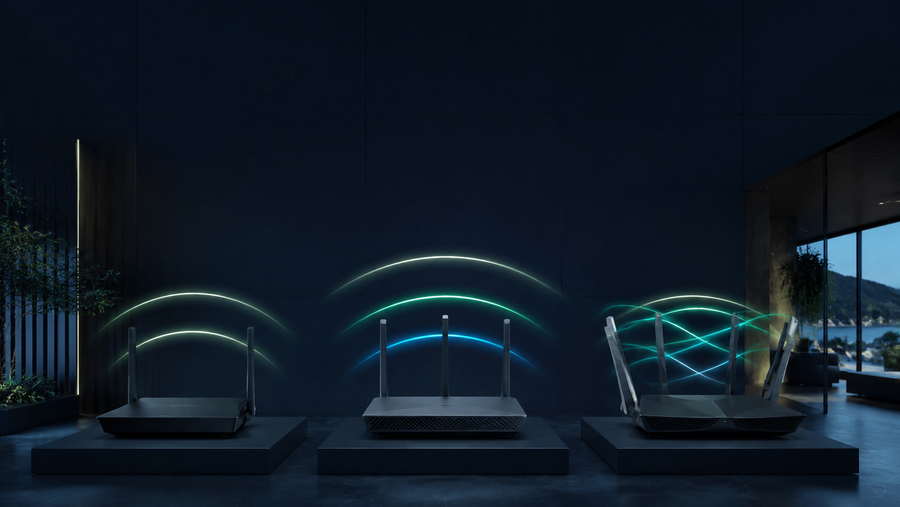 Three wireless routers representing Wi-Fi 6, Wi-Fi 6E and Wi-Fi 7