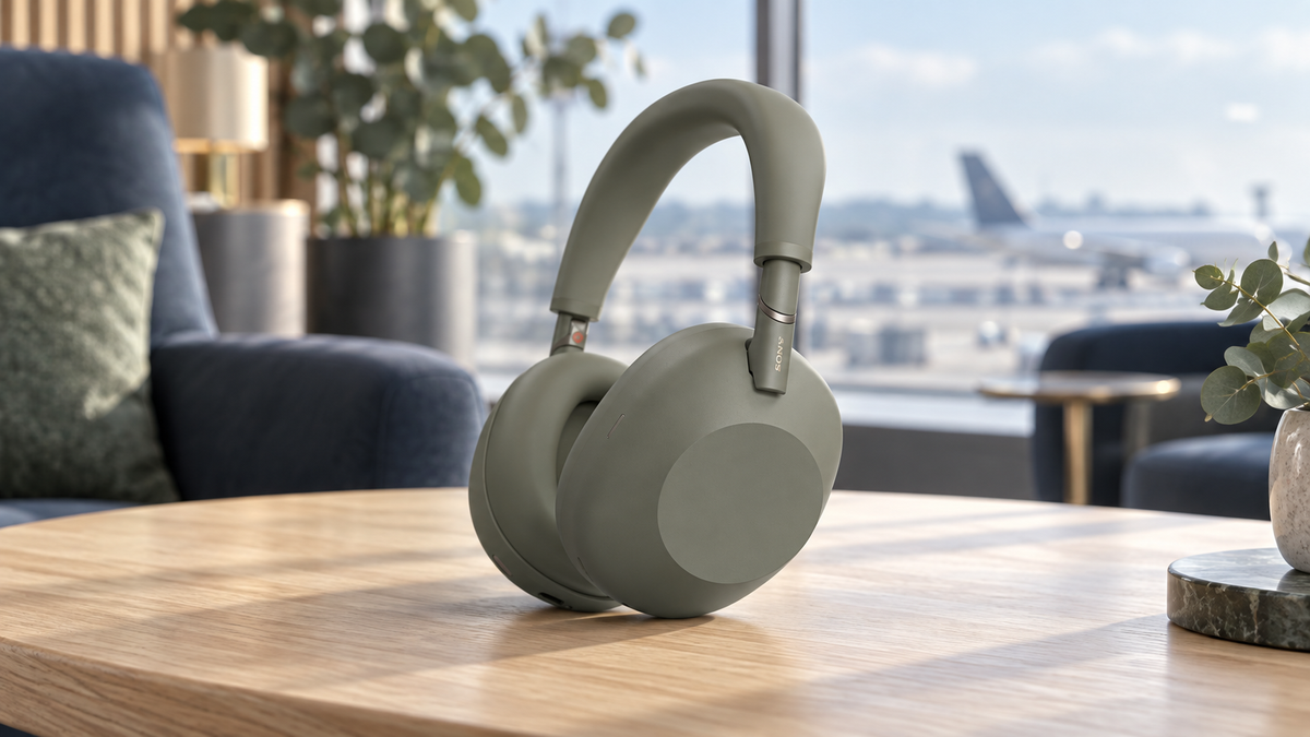 Sony WH-1000XM6 headphones in Olive Gray on a table in an airport lounge.