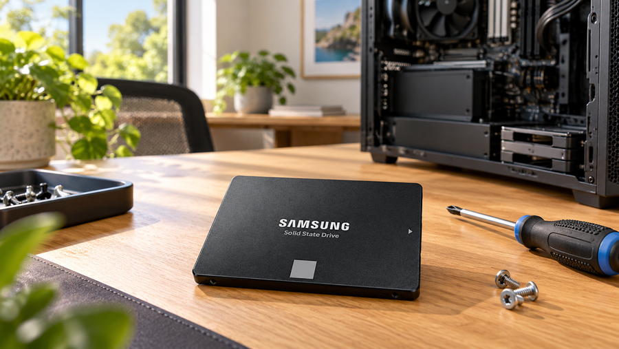Samsung 870 EVO 1TB SATA SSD on a timber desk beside an open desktop computer and upgrade tools.