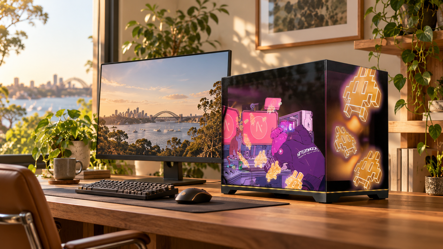 Aftershock Lofi Girl gaming desktop on a timber desk beside a monitor, keyboard and mouse in a warmly lit home office.