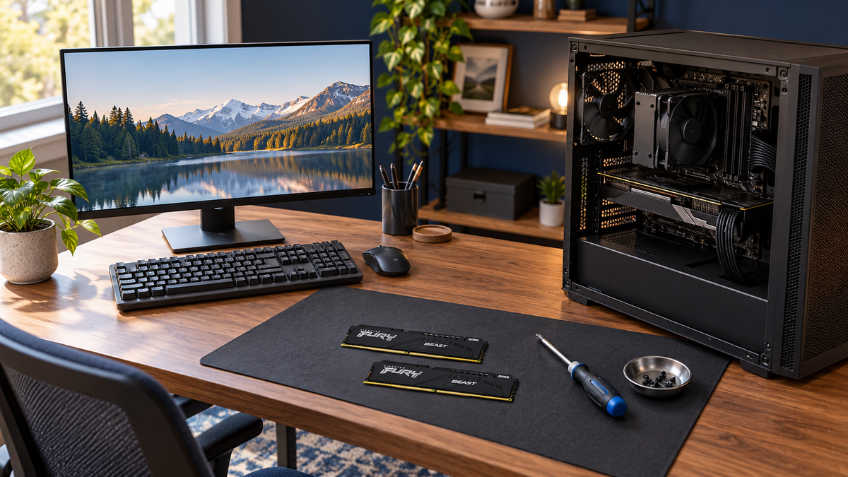 Illustrative PC-upgrade workspace with two Kingston FURY Beast DDR5 RAM modules lying on a work mat beside an open desktop computer.