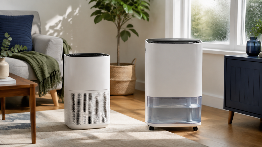 Unbranded air purifier and dehumidifier positioned side by side in a modern Australian living room