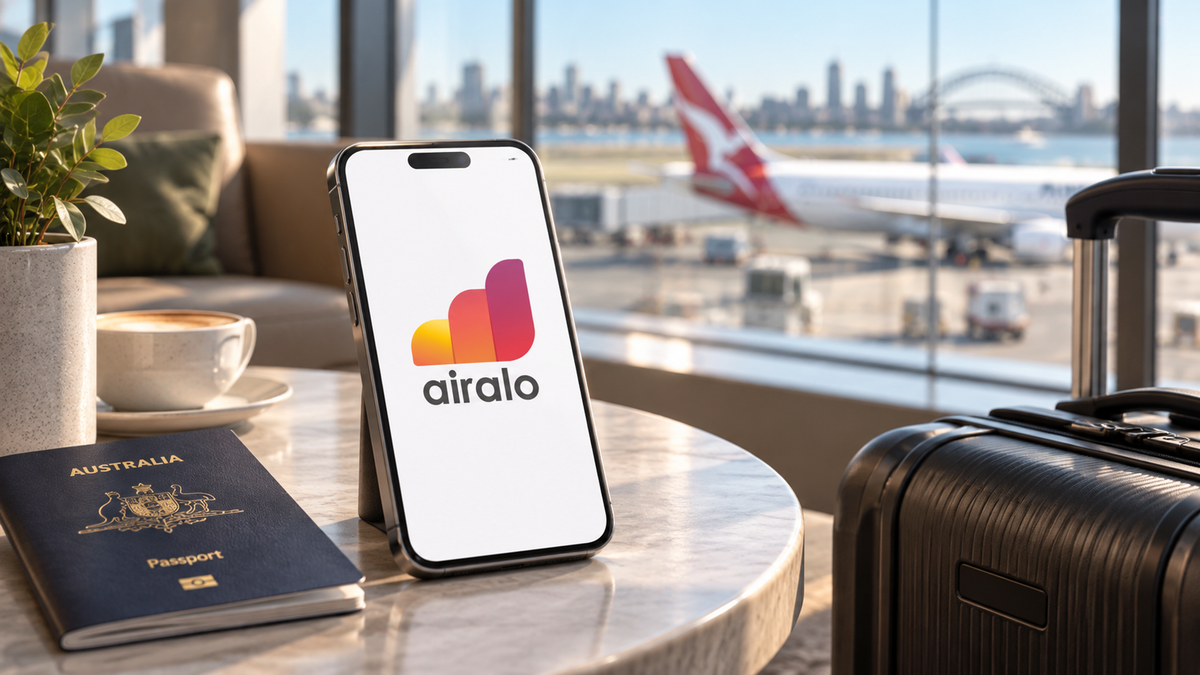 Phone displaying the Airalo logo beside a passport and carry-on luggage in an airport lounge.