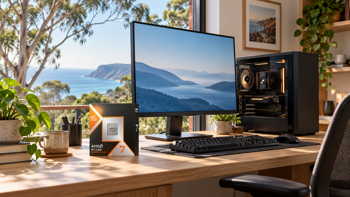 AMD Ryzen 7 retail box beside a desktop PC and monitor in a sunlit Australian study overlooking eucalyptus trees and the coast.