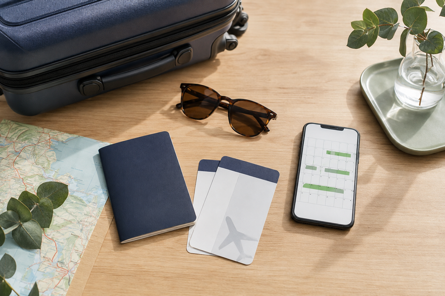 Suitcase, passport, boarding passes and travel calendar arranged on a table