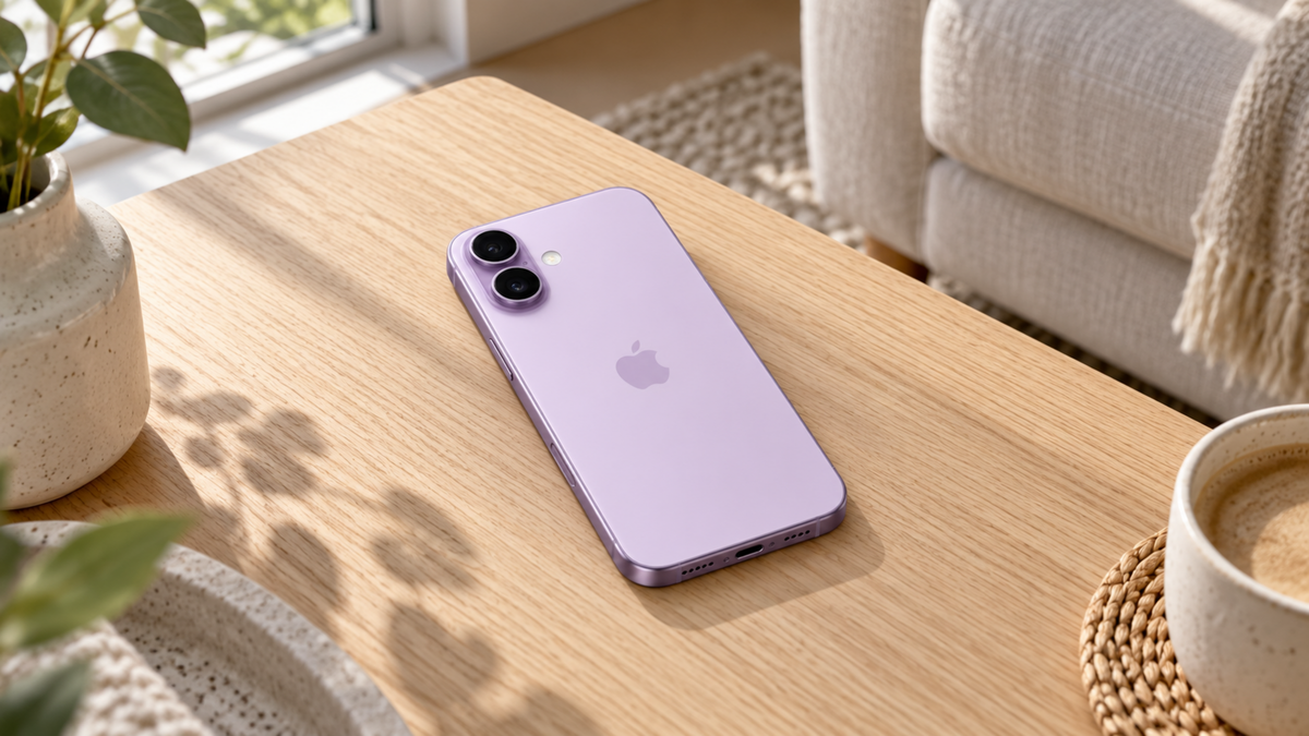 Lavender Apple iPhone 17 resting face down on an oak table in a sunlit living room.