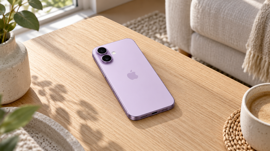 Lavender Apple iPhone 17 resting face down on an oak table in a sunlit living room.