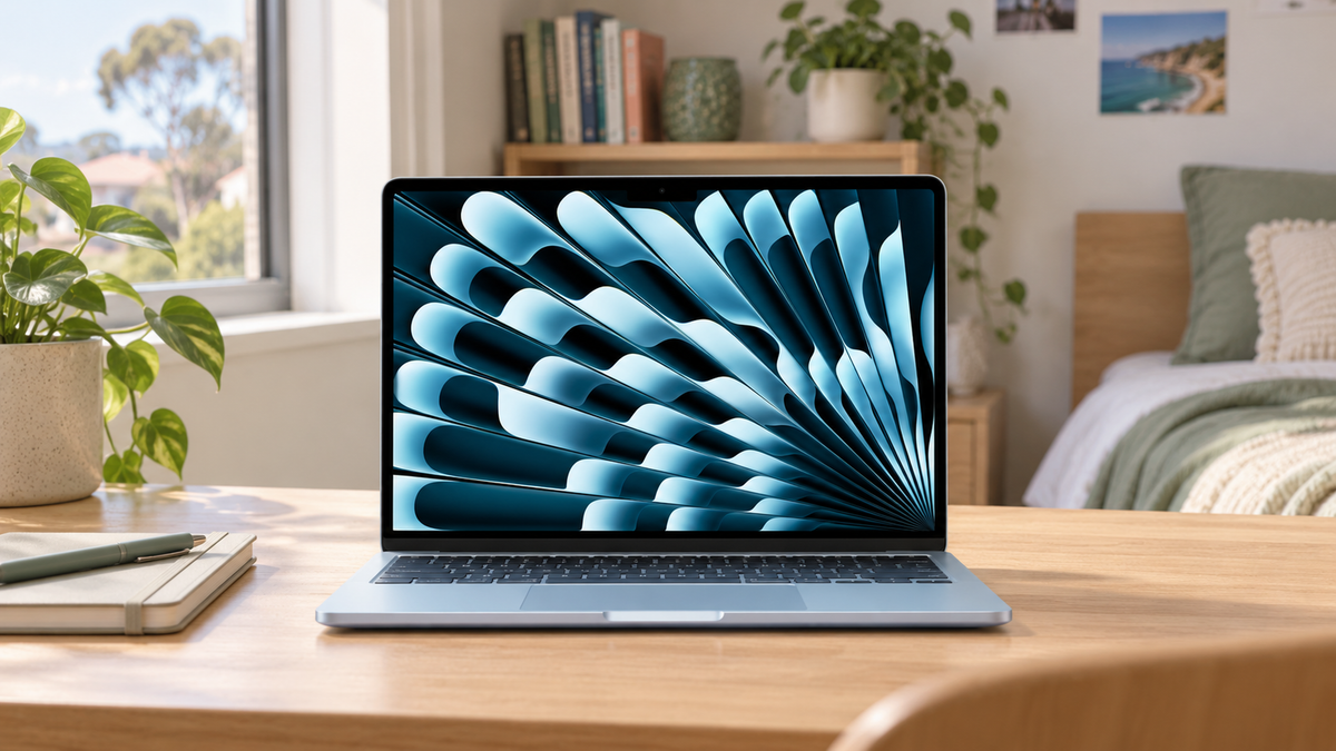 Sky Blue Apple MacBook Air 13-inch M5 open on a timber study desk beside a notebook.