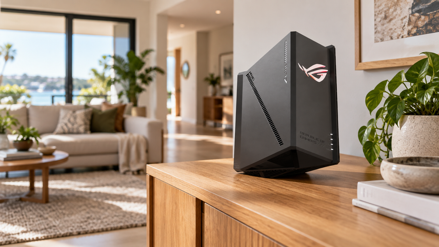 ASUS ROG Strix GS-BE18000 Wi-Fi 7 router on an open oak console in a spacious living room.