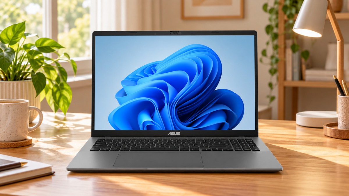 ASUS Vivobook S16 S3607CA-SH069W on a timber desk in an illustrative sunlit home office.