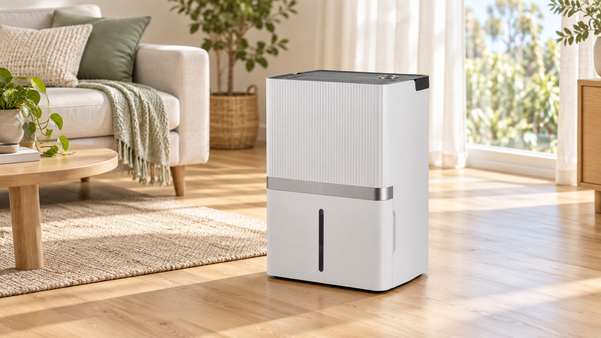 White Ausclimate ACD135 dehumidifier on a timber floor in a bright living room.