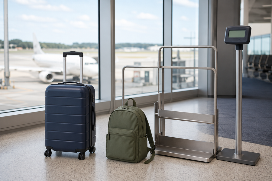 Carry-on suitcase and backpack beside an airport baggage sizing frame