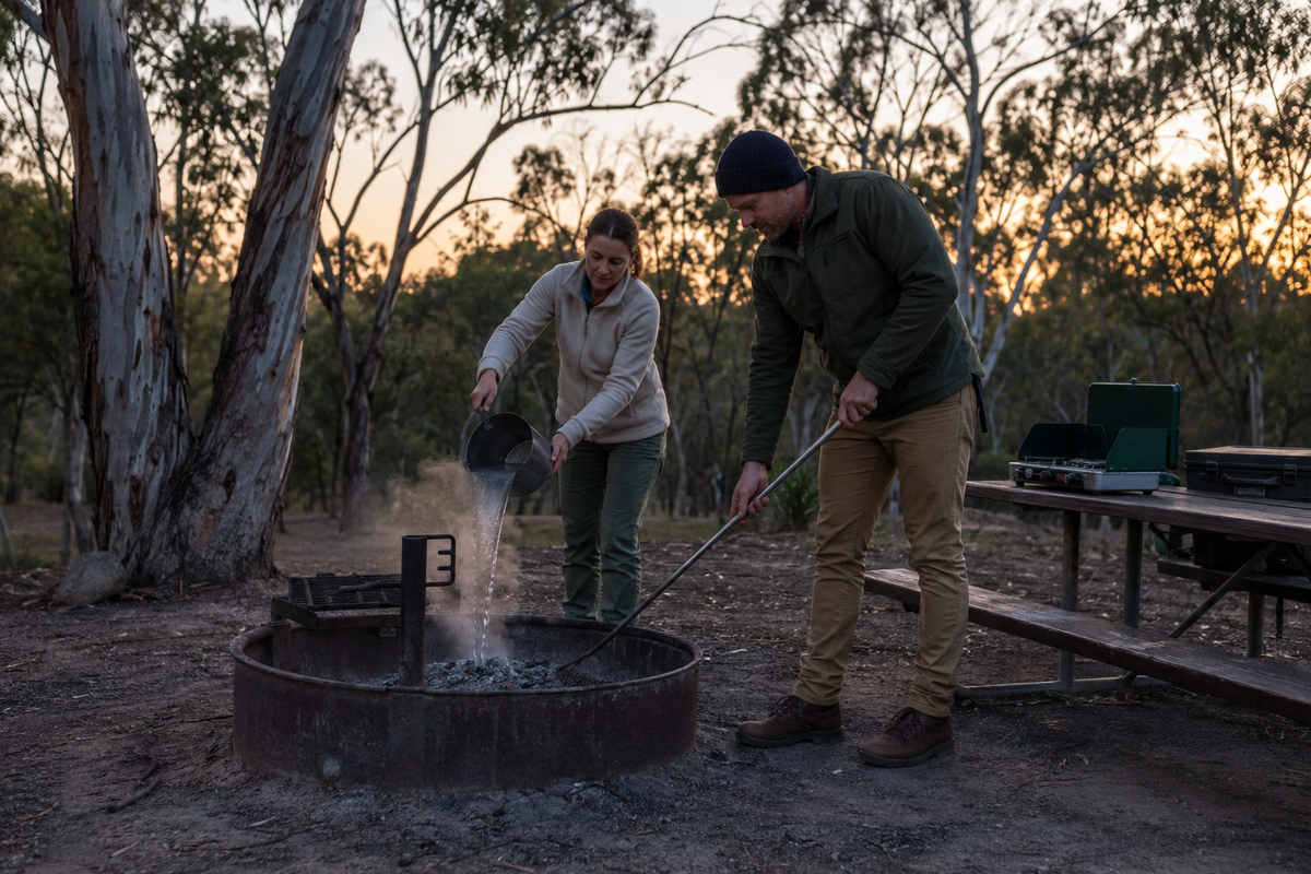 Campers extinguishing a fire in a designated Australian campground fire ring