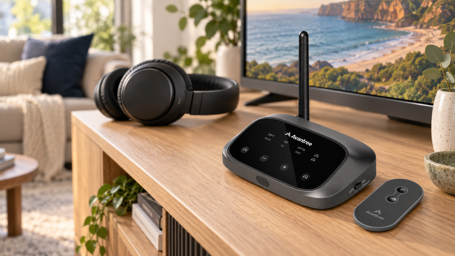 Avantree Oasis Plus 2 Bluetooth TV transmitter beside wireless headphones and a television