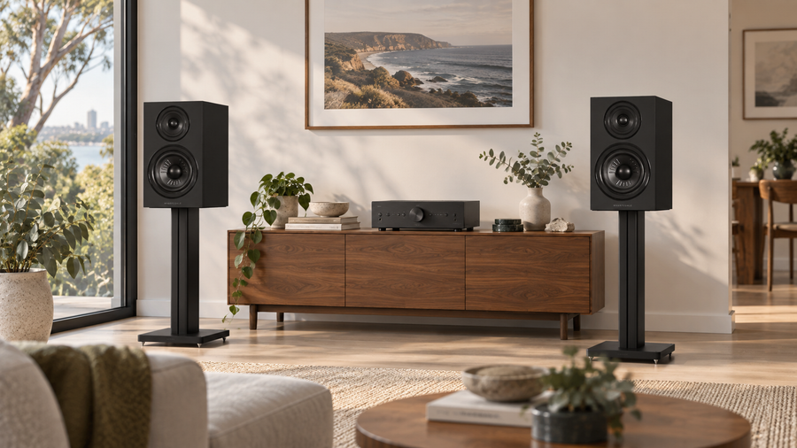 Black Wharfedale Diamond 12.2i speakers on stands beside a walnut cabinet and stereo amplifier.