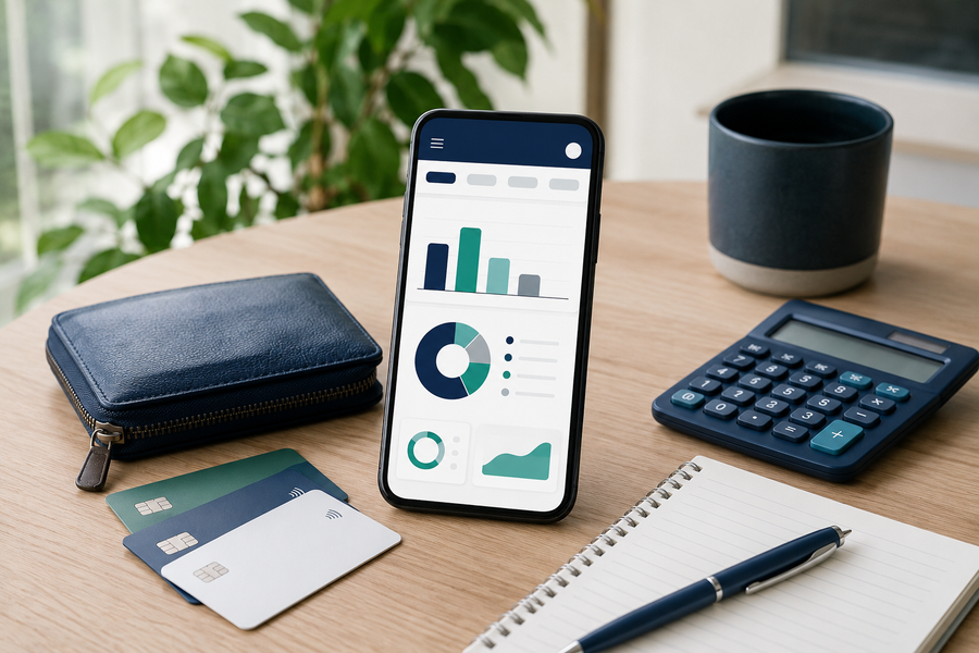 Smartphone displaying the Frollo app icon on a timber desk beside a notebook and pen.