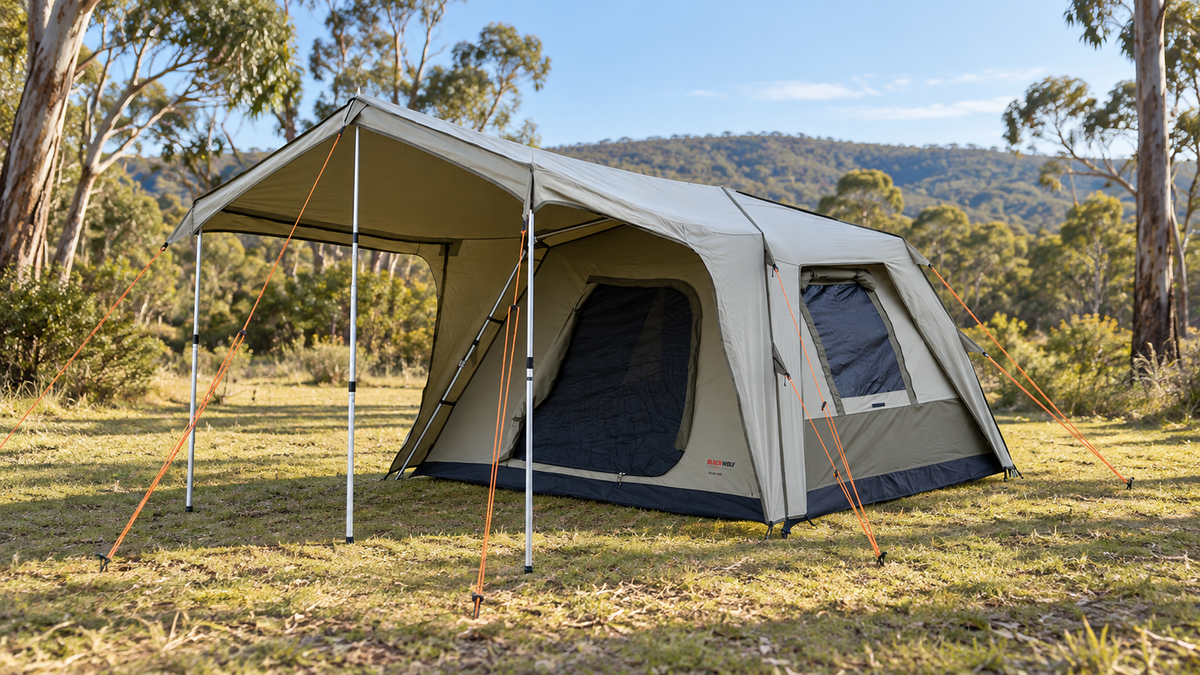 BlackWolf Turbo Lite 300 tent with its awning extended at an Australian bush campsite.