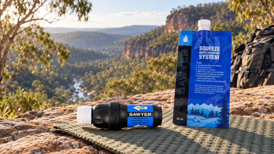 Sawyer Squeeze SP129 filter and blue water pouch on a camping mat overlooking Australian sandstone cliffs and bushland.