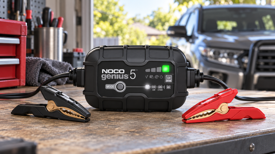 NOCO GENIUS5AU battery charger with red and black clamps on a garage workbench.