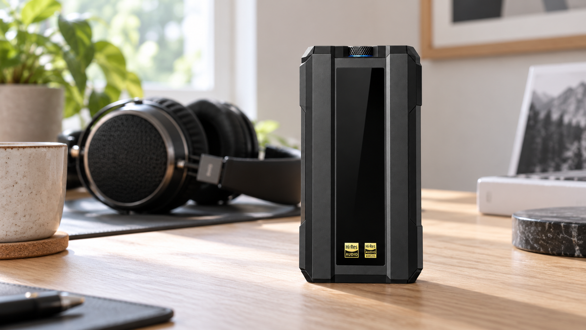 Black FiiO Q15 DAC and headphone amplifier on a timber desk with headphones behind it.