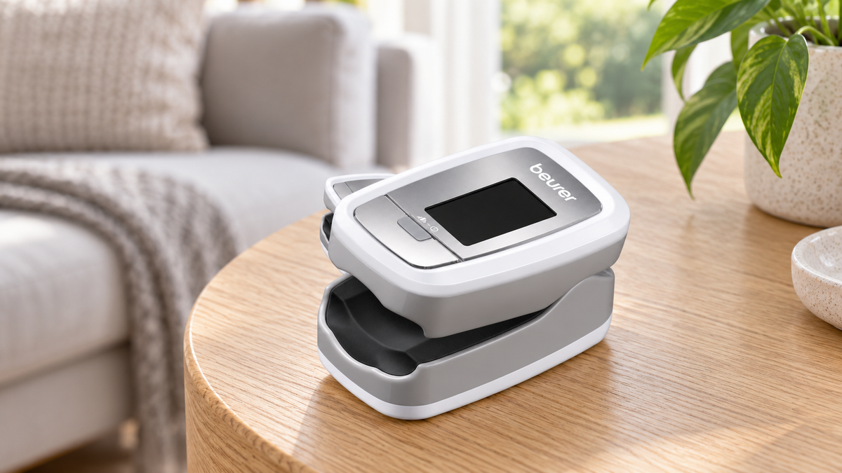 Beurer PO30 fingertip pulse oximeter resting on a light timber table in a home setting.