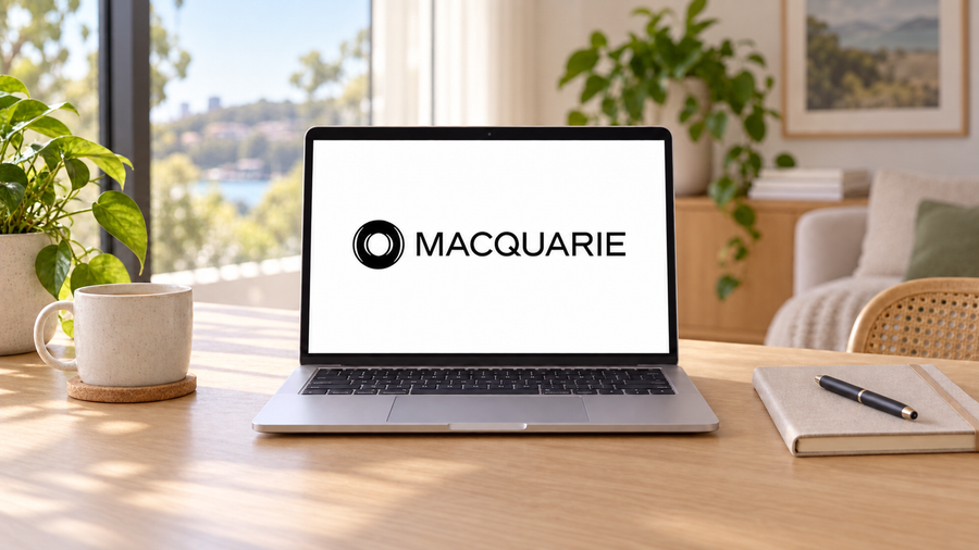 Laptop displaying the Macquarie logo on a sunlit desk beside a notebook and coffee cup.