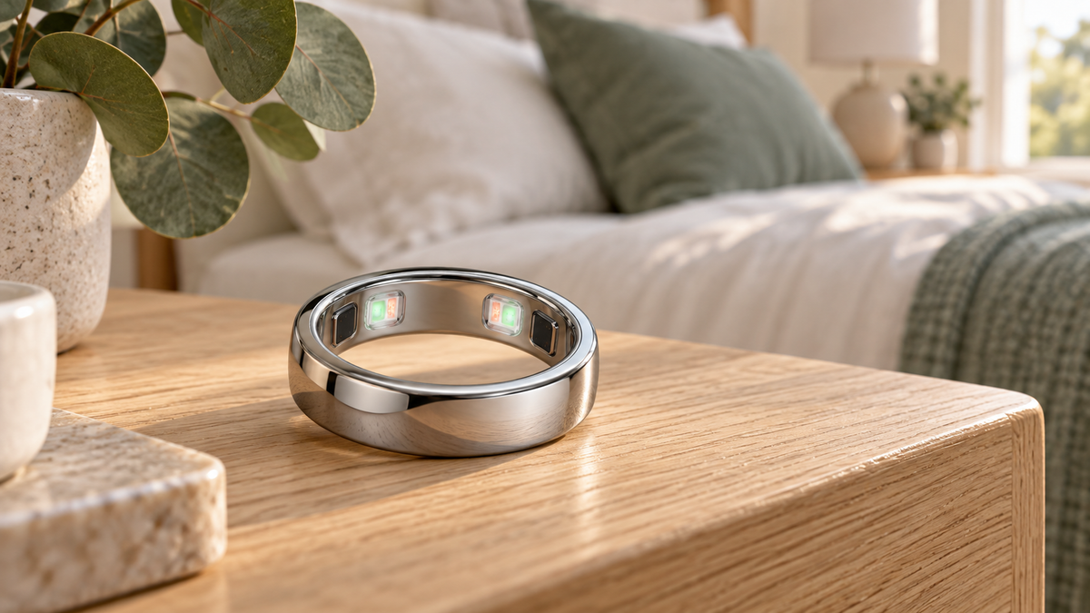 Silver Oura Ring 5 on an oak bedside table with a softly blurred bedroom behind it