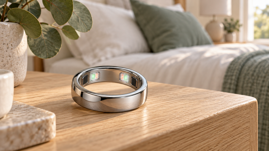 Silver Oura Ring 5 on an oak bedside table with a softly blurred bedroom behind it