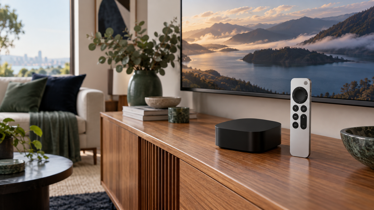 Apple TV 4K and silver Siri Remote on a timber media console in a contemporary Australian lounge room
