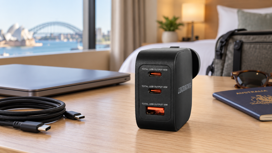 J.Burrows 65W GaN travel charger on a hotel desk beside a laptop and USB-C cable.