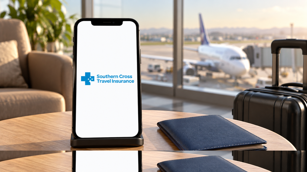 Phone displaying the Southern Cross Travel Insurance logo beside a passport holder and suitcase in an airport lounge.