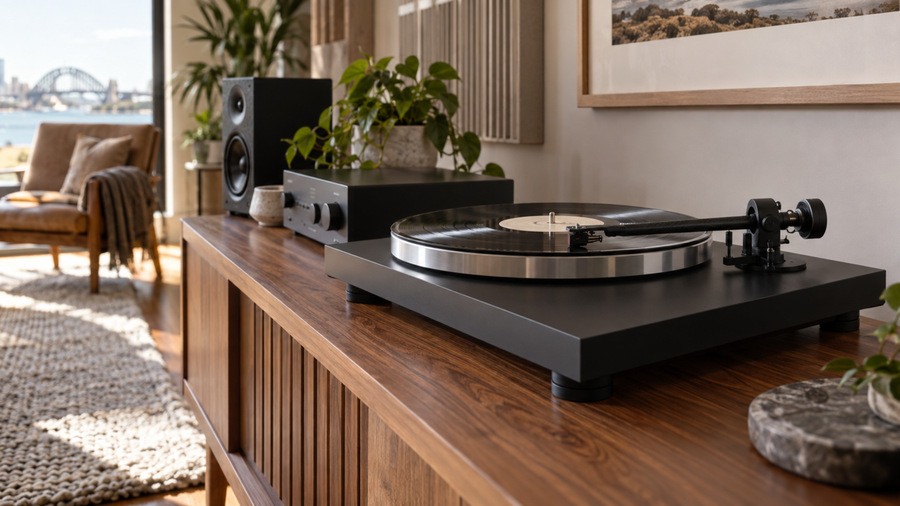 Pro-Ject Debut EVO 2 turntable playing a record in a contemporary Australian listening room