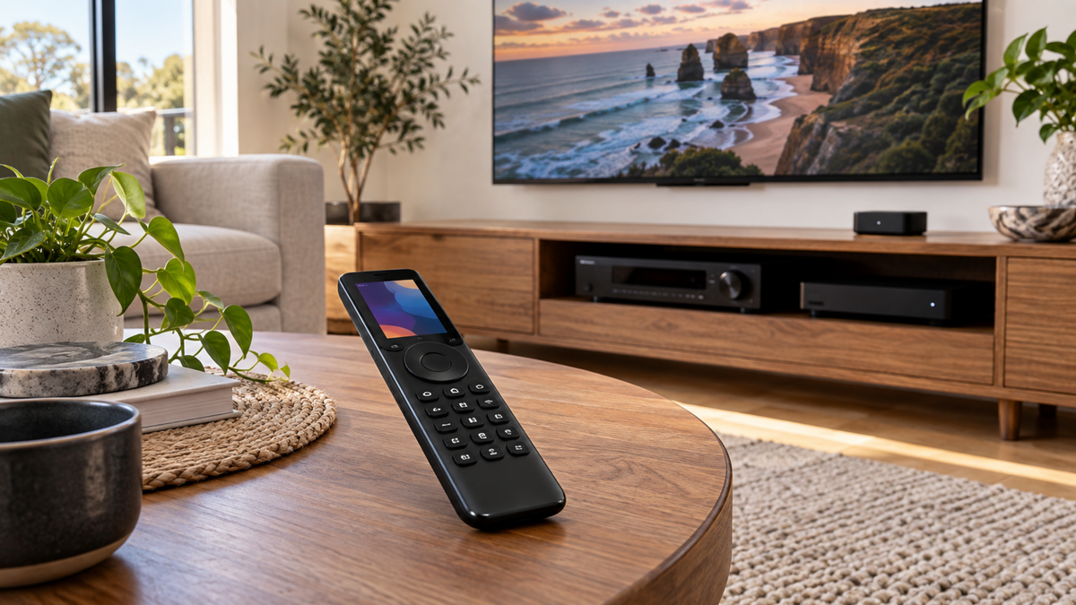SofaBaton X1S universal remote on a timber coffee table in a contemporary Australian lounge room