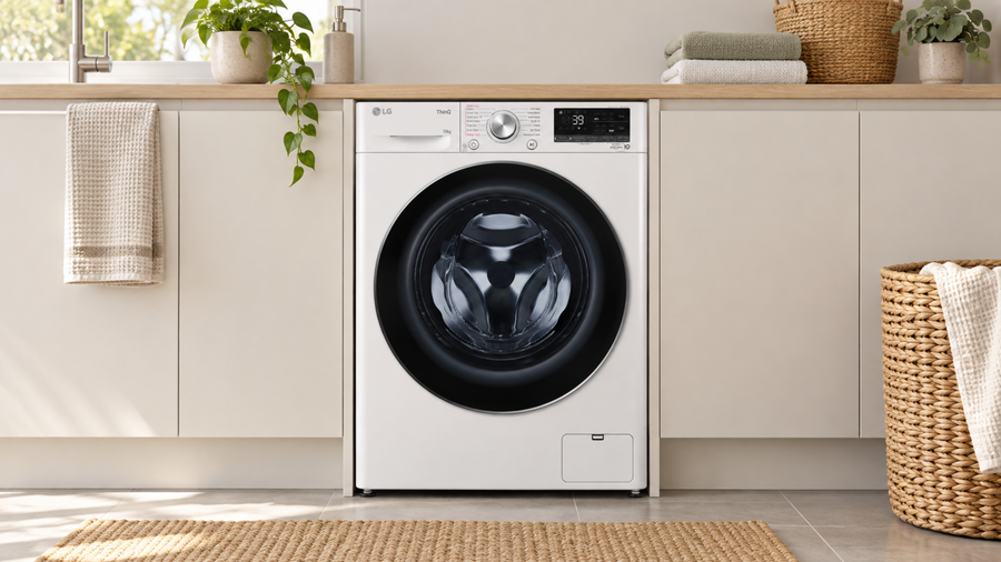 White LG WV9-1610W front load washing machine beneath a timber benchtop in a bright laundry.