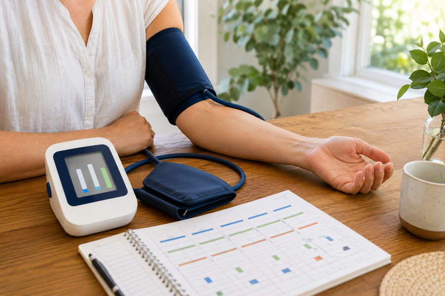 Person correctly using an upper-arm blood pressure monitor at a home table