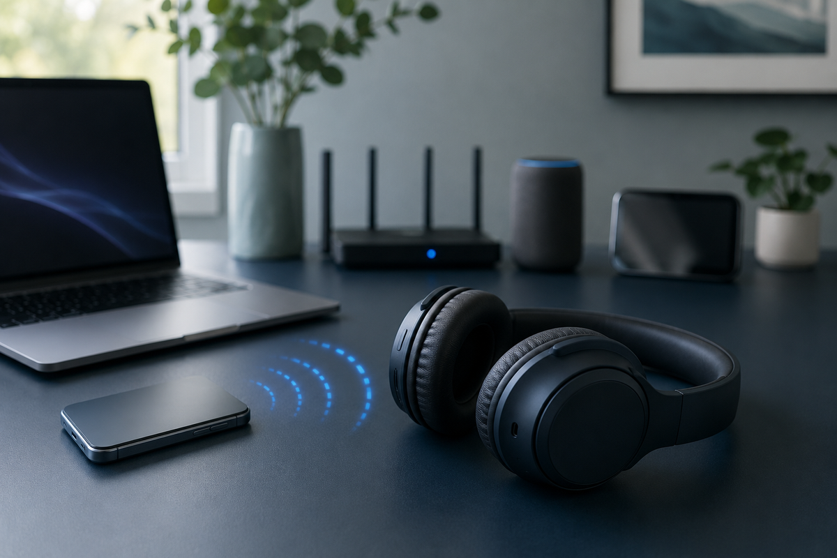 Wireless headphones and smartphone with an interrupted Bluetooth signal at a home desk