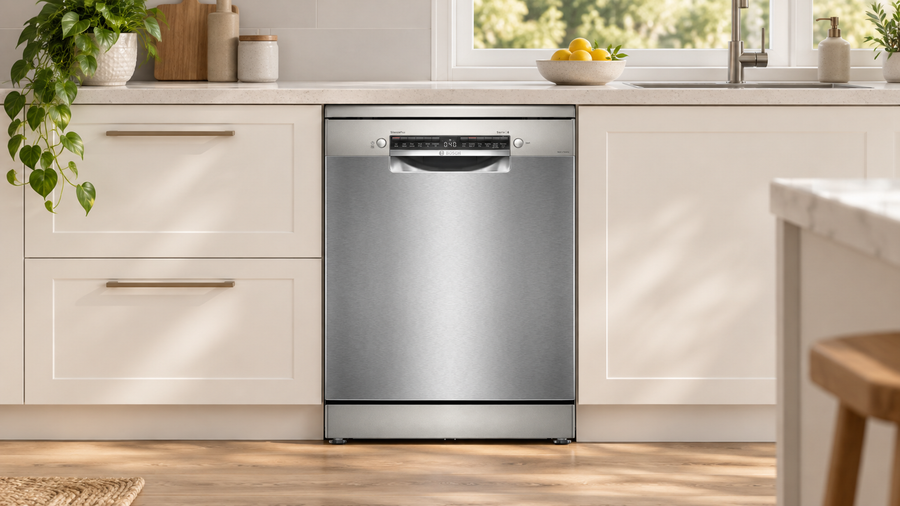 Bosch SMS6HCI02A stainless-steel dishwasher beneath a pale kitchen bench between white cabinets.