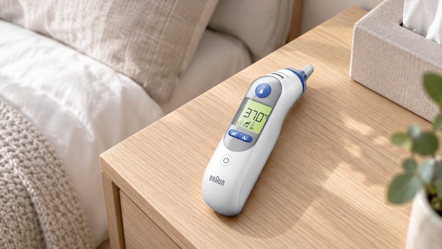 Braun ThermoScan 7+ ear thermometer resting on a pale oak bedside table.